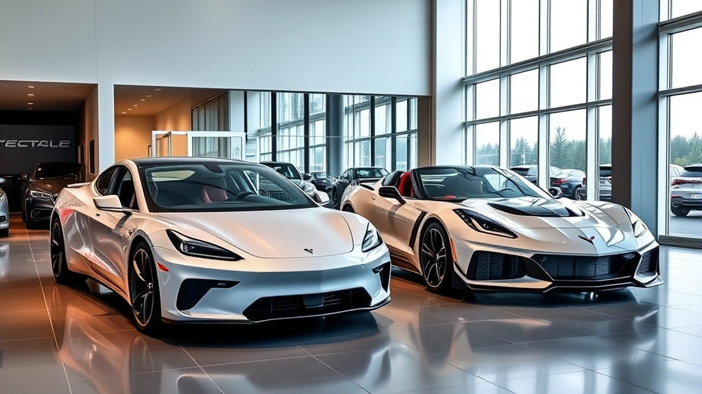Tesla Model Y and Chevrolet Corvette Z06 parked together in modern dealership showroom, sleek contemporary interior design, professional studio automotive photography