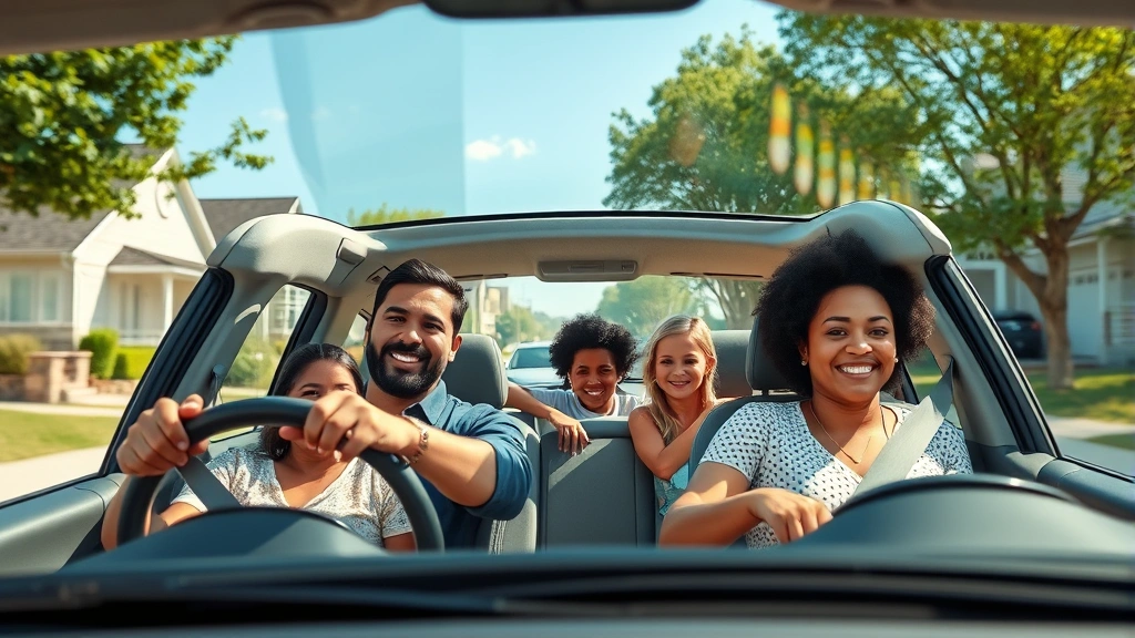 Diverse family in a hybrid SUV driving through suburban neighborhood on sunny day, representing practical everyday use and lifestyle compatibility of hybrid vehicles