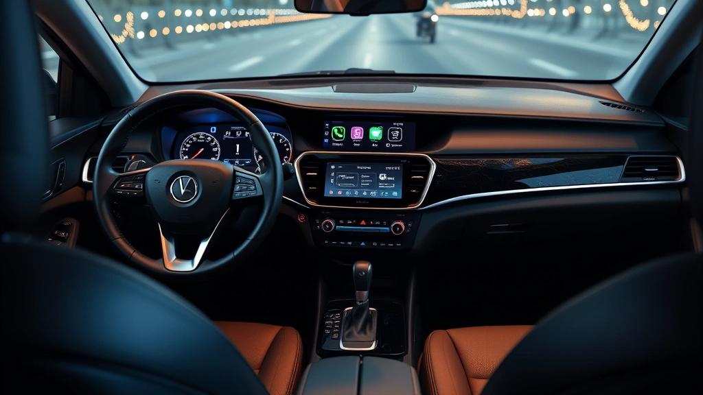 Sedan interior dashboard view, leather steering wheel, modern touchscreen display, ambient lighting, premium cabin materials, driver perspective angle