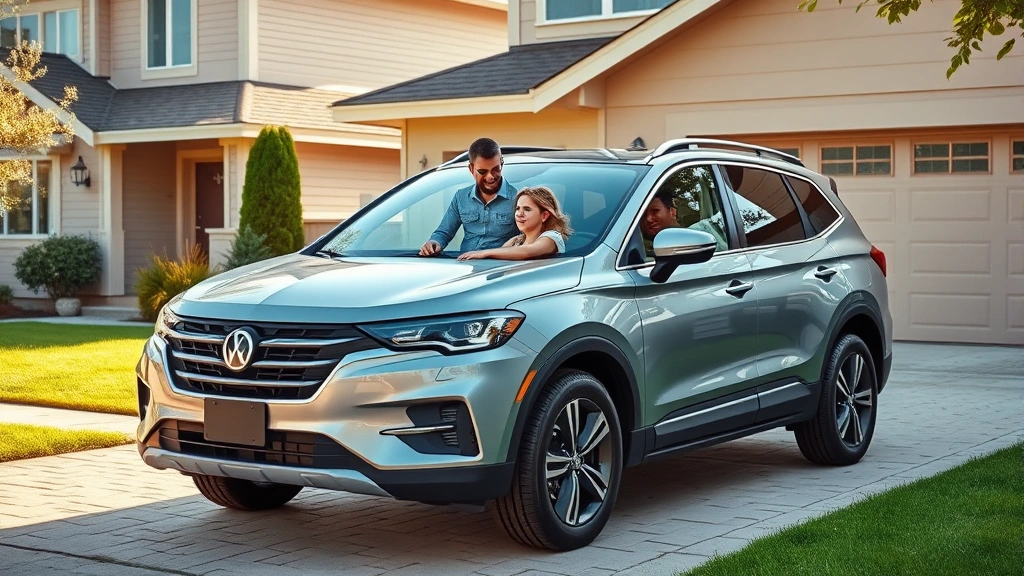 Family SUV parked in suburban driveway, contemporary design, modern exterior styling, natural daylight, residential setting, practical vehicle lifestyle imagery, clean composition