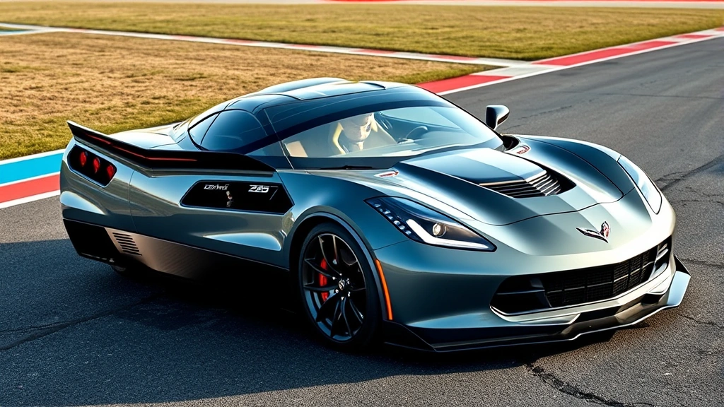 High-performance sports car Corvette Z06 from aerial three-quarter angle showcasing aggressive aerodynamic body lines and wheel design on track setting