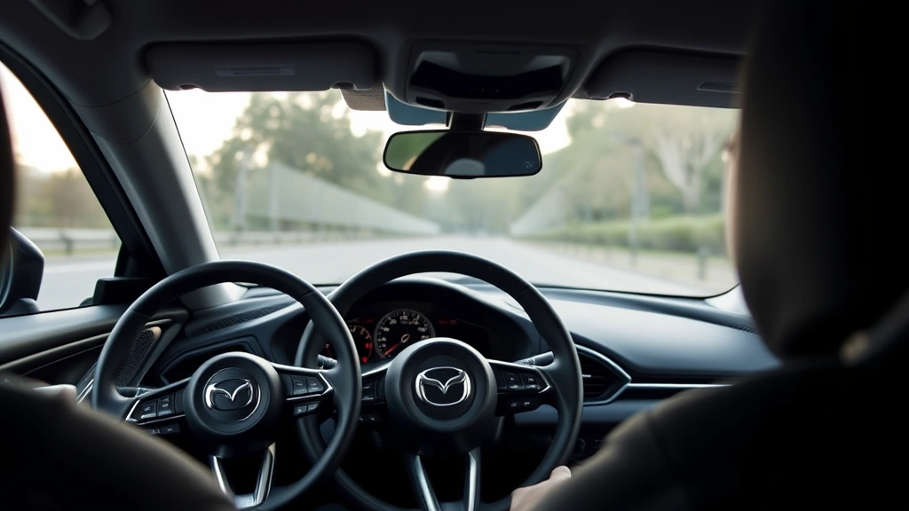 Mazda3 Hatchback interior dashboard and steering wheel detail, modern technology interface, premium materials, soft interior lighting, driver perspective