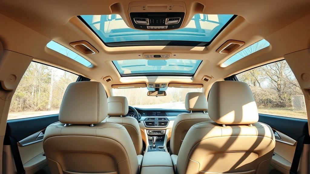 Spacious family sedan interior showing cream leather seats, panoramic sunroof, and modern dashboard technology, photographed from rear passenger perspective demonstrating comfortable seating and cabin space