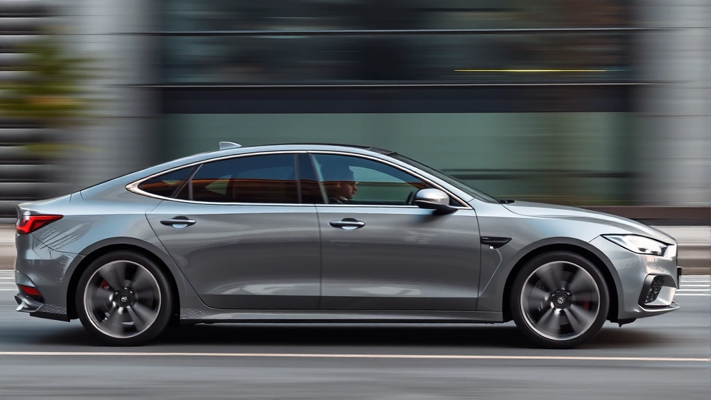 Sleek sedan profile showcasing aerodynamic design and modern wheel styling against urban backdrop with motion blur