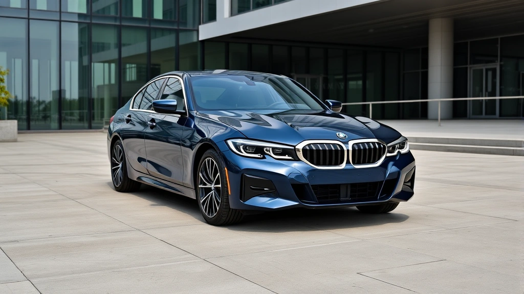 2024 BMW 3 Series dark blue luxury sedan parked at modern architecture venue, front three-quarter view highlighting premium design and kidney grille detail, luxury automotive aesthetic