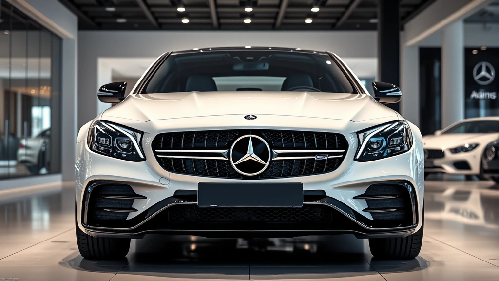 Pearl white Mercedes-AMG C63 sedan in luxury dealership showroom with modern lighting, displaying premium interior details and sophisticated design elements, front three-quarter angle