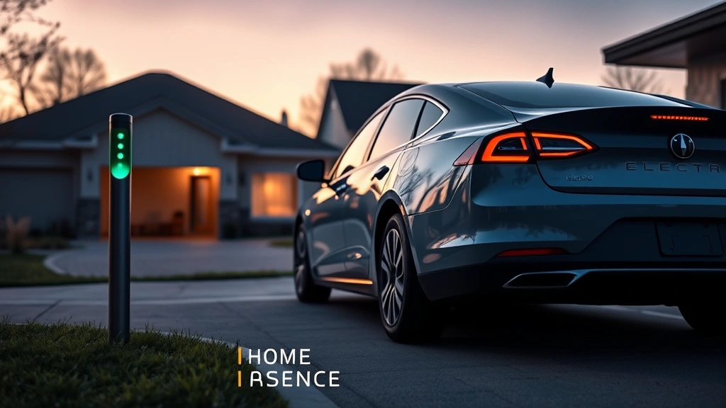 Electric sedan charging at home with illuminated charging port, modern driveway setting at dusk, sustainable transportation lifestyle, clean minimalist composition
