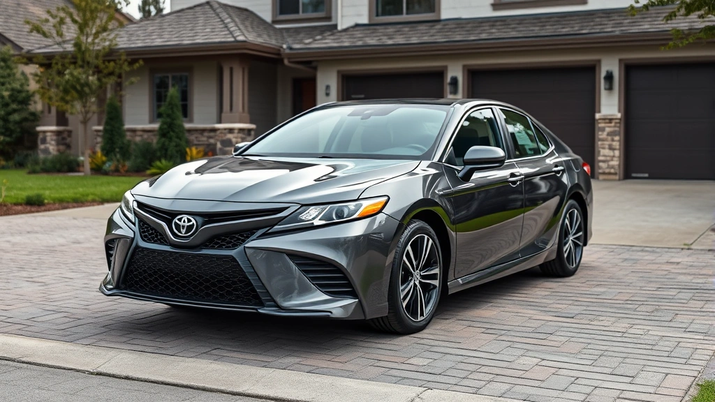 Toyota Camry hybrid sedan in elegant charcoal gray, parked in suburban driveway with modern house, family-friendly vehicle, clean automotive photography