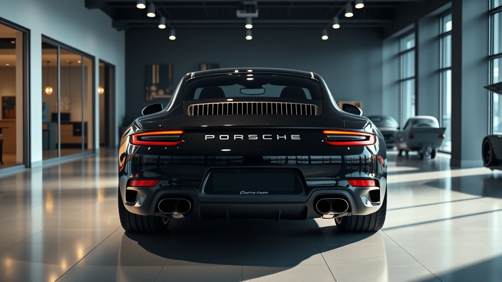 2024 Porsche 911 Carrera in midnight black, shot from rear three-quarter angle in upscale automotive showroom with dramatic lighting highlighting iconic silhouette and quad exhaust