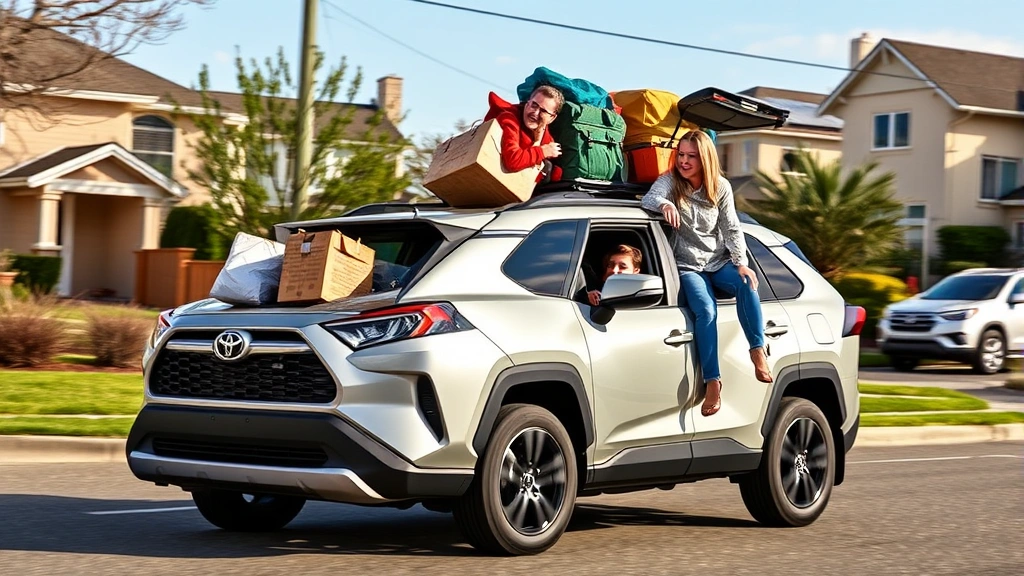 Toyota RAV4 Prime hybrid SUV family vehicle loaded with cargo and passengers, driving through suburban neighborhood, showcasing practicality and spaciousness of modern hybrid crossovers, realistic lifestyle setting