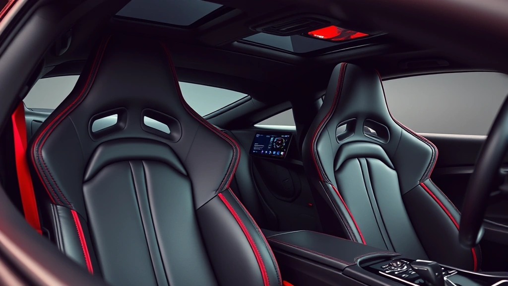 Premium leather racing seats with red stitching and enhanced bolstering inside modern sports car interior, dashboard visible with modern infotainment screen, professional studio lighting