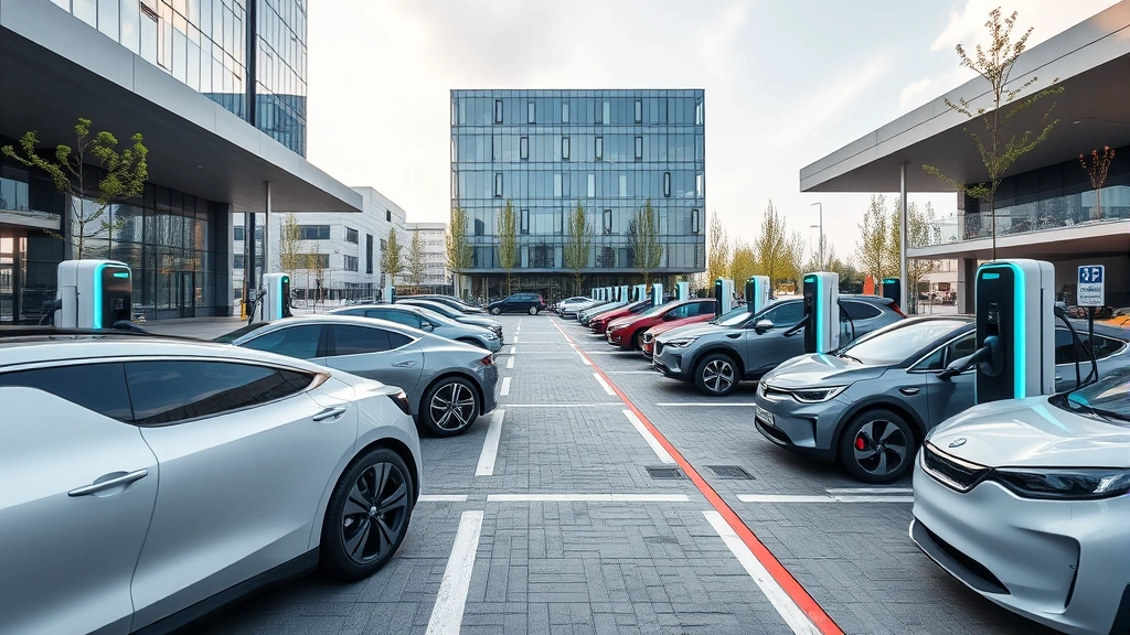 Wide angle shot of electric vehicle charging network with multiple vehicles connected to fast-charging stations, modern urban environment with clean lines and contemporary architecture