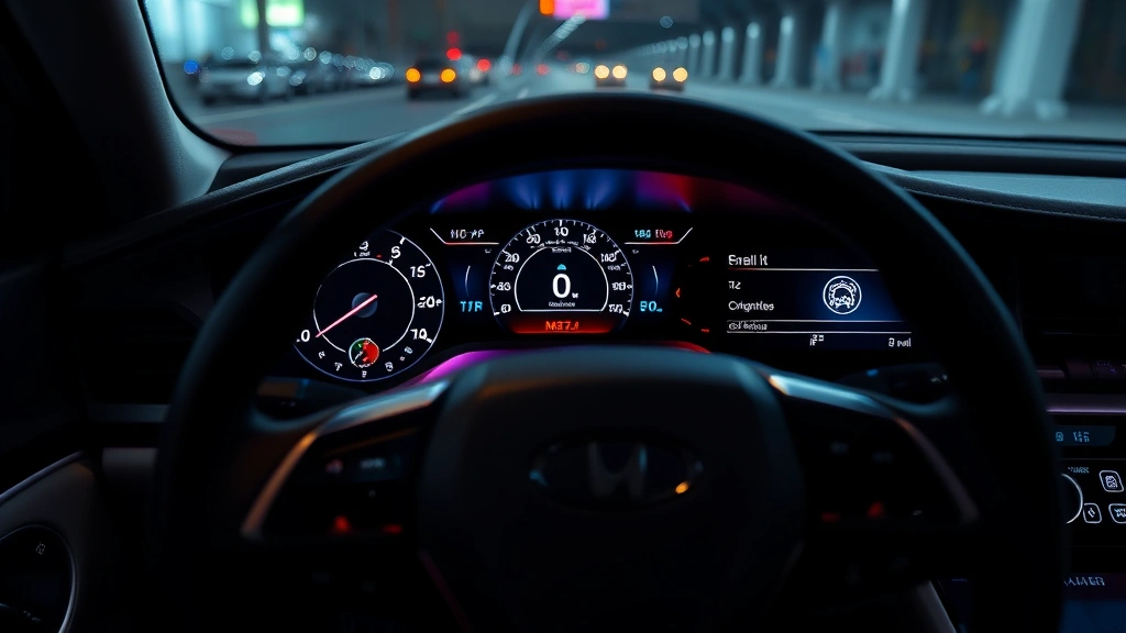 Hybrid sedan dashboard showing digital instrument cluster and infotainment system with ambient lighting, close-up of steering wheel and premium interior materials