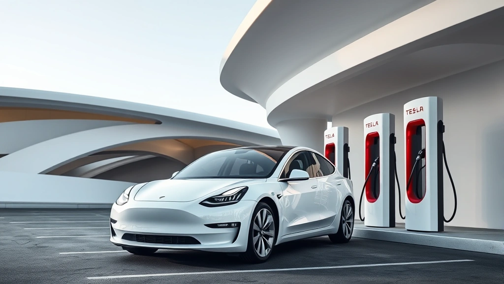 Tesla Model 3 electric sedan in white positioned at modern charging station with futuristic architectural elements, emphasizing clean energy and technological innovation