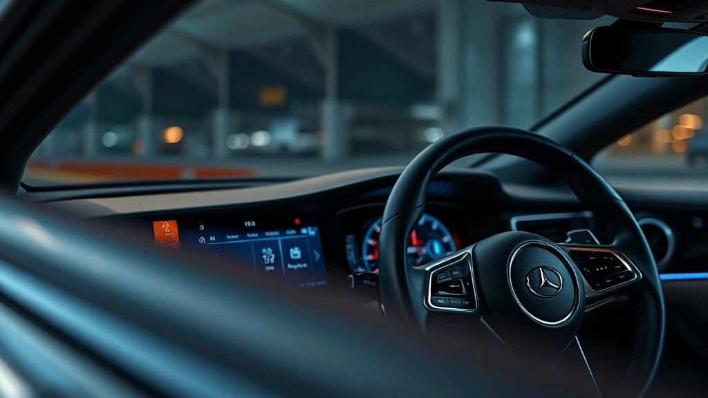 Close-up of luxury sedan interior dashboard showing modern infotainment display, leather steering wheel, and premium ambient lighting, minimalist design aesthetic