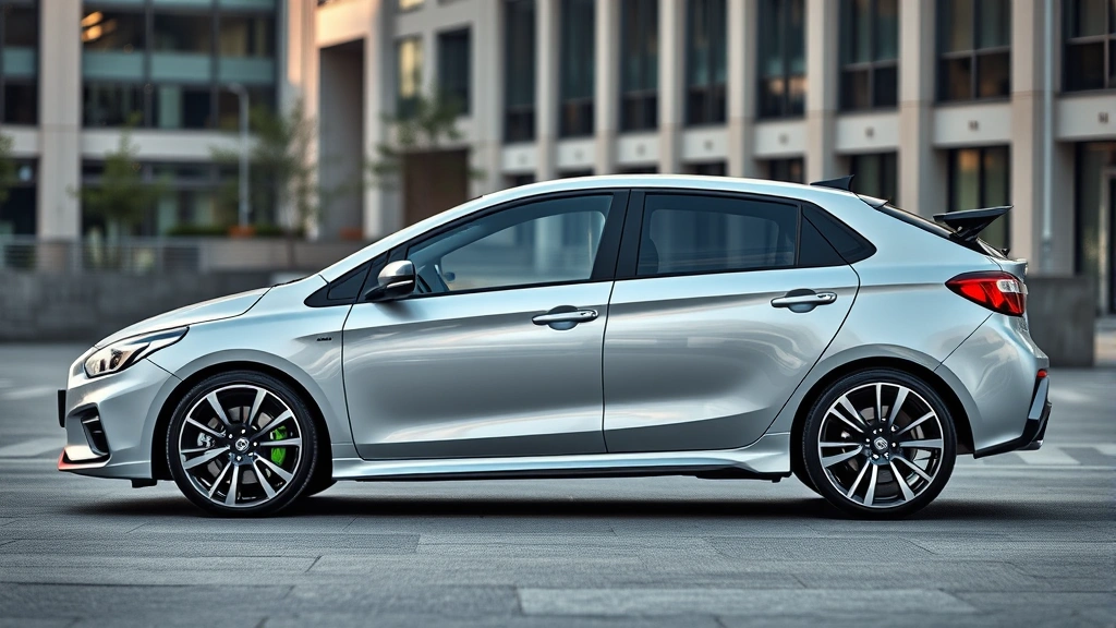 Compact sedan with modern styling, detailed wheel design, and contemporary body panels photographed against urban backdrop with clean composition