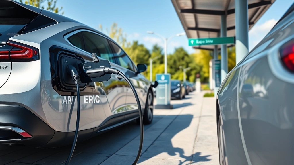 Modern electric vehicle charging at public station, sleek contemporary design, futuristic charging cable connection, daylight environmental setting showcasing sustainable transportation