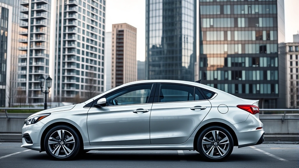 Compact sedan parked in urban environment with modern buildings in background, sleek sedan design visible, city setting, professional automotive photography, contemporary compact car exterior