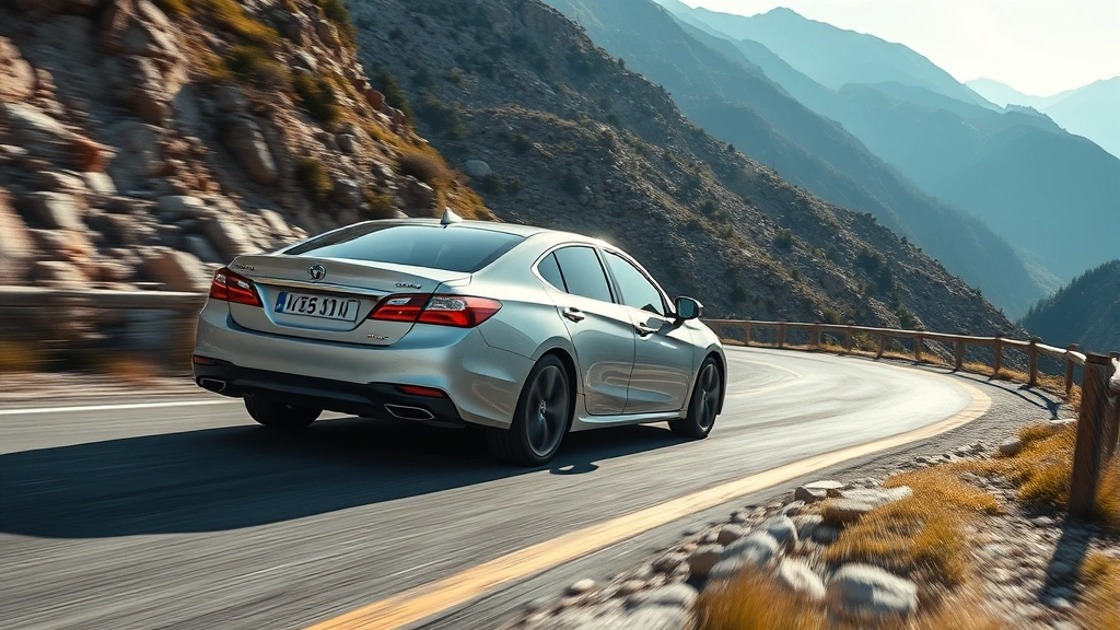 Dynamic sedan cornering on winding mountain road, professional automotive action photography, demonstrating handling capability and performance dynamics, clear weather conditions