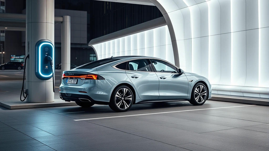 Electric sedan charging at modern charging station, futuristic design, LED lighting elements, contemporary urban setting, clean minimalist composition, professional automotive imagery