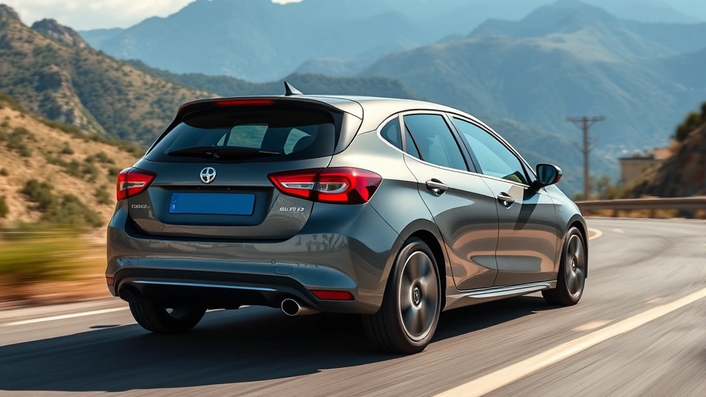 Compact sedan in motion on winding mountain road, dynamic driving pose showing responsive handling capability, natural daylight with scenic background, professional automotive action photography demonstrating performance and agility