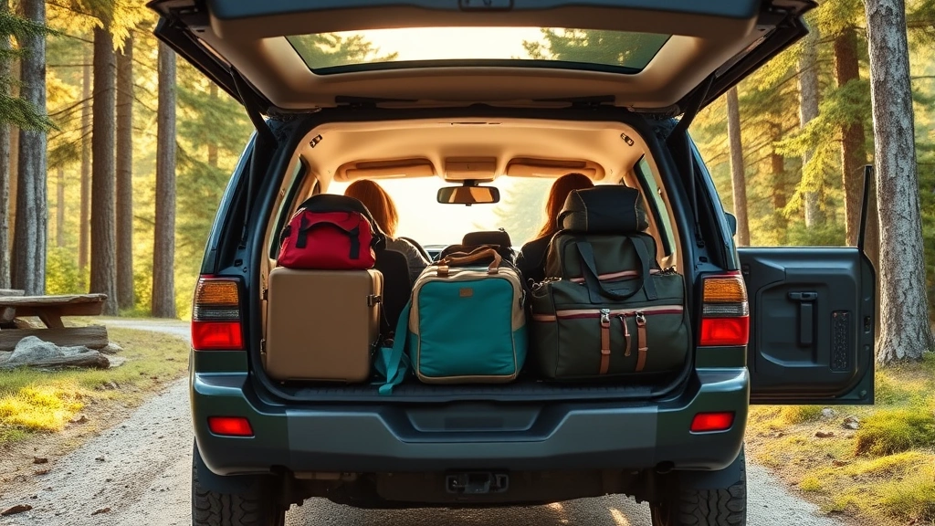 Family SUV loaded with luggage and camping gear on wooded mountain road, genuine adventure scene, warm natural lighting, spacious interior demonstrating practical versatility