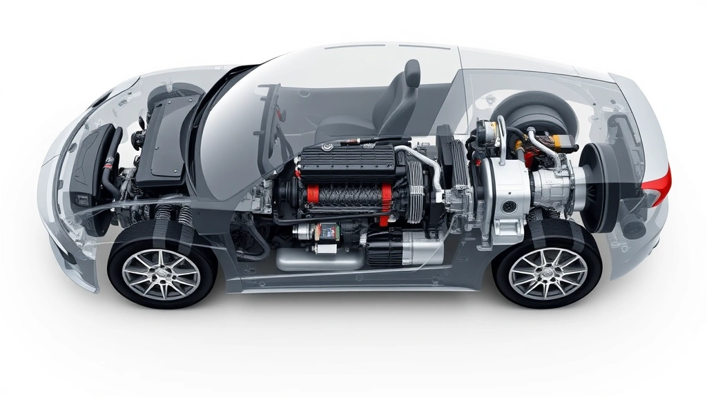 Cutaway technical illustration of hybrid powertrain system showing battery pack, electric motors, gasoline engine, and power distribution components in transparent engine bay visualization