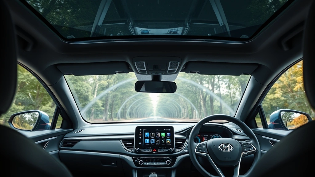 Hybrid sedan interior dashboard technology, modern infotainment display, premium materials, steering wheel detail, natural lighting through windshield