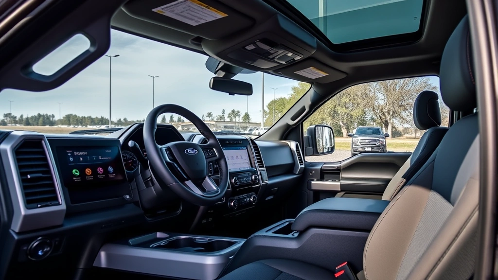 Ford F-150 truck cabin interior detail showing modern infotainment touchscreen, steering wheel, dashboard controls, comfortable seating, technology integration, premium materials