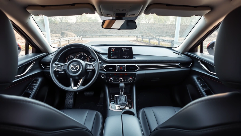 Mazda6 sedan interior cabin view showing steering wheel and dashboard, premium leather seats, modern infotainment display, natural lighting through windshield, high-quality interior photography