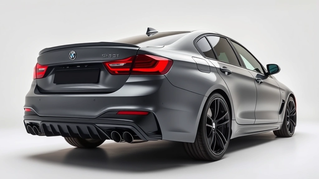 Performance sedan rear three-quarter angle in matte gray, dynamic racing stripe detail, professional automotive studio setting, sleek aerodynamic profile visible