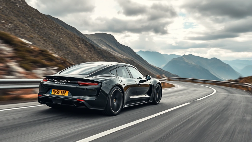 Porsche Taycan performance electric sedan in jet black accelerating on winding mountain road with dramatic landscape, motion blur effect