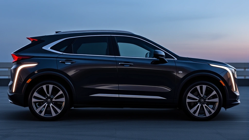 Cadillac Lyriq electric luxury SUV side profile view, sleek contemporary design, curved glass panel visible, premium automotive lighting, modern EV aesthetic