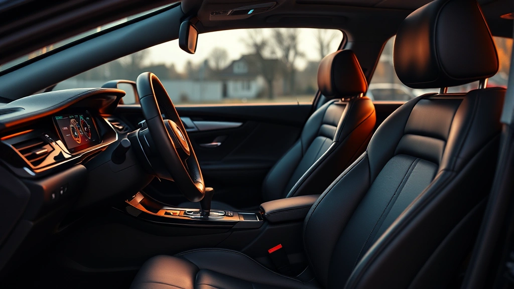 Interior cabin sedan detail shot, premium leather seats, modern infotainment dashboard display, ambient lighting, steering wheel close-up, luxury automotive interior design, warm lighting