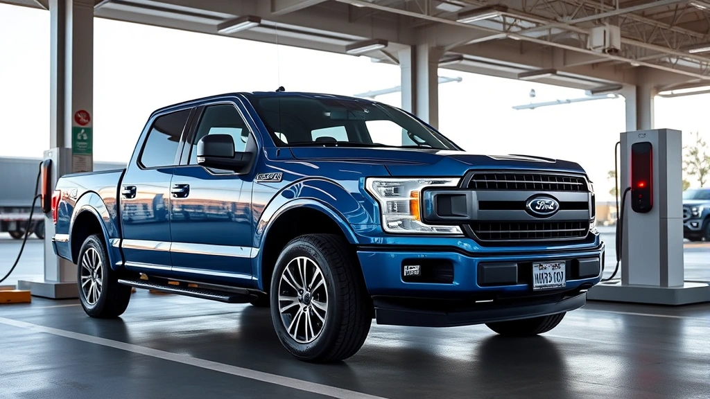 Ford F-150 Lightning electric pickup truck in modern truck stop setting, blue metallic finish, charging station visible, spacious cabin interior visible through windows, professional commercial photography
