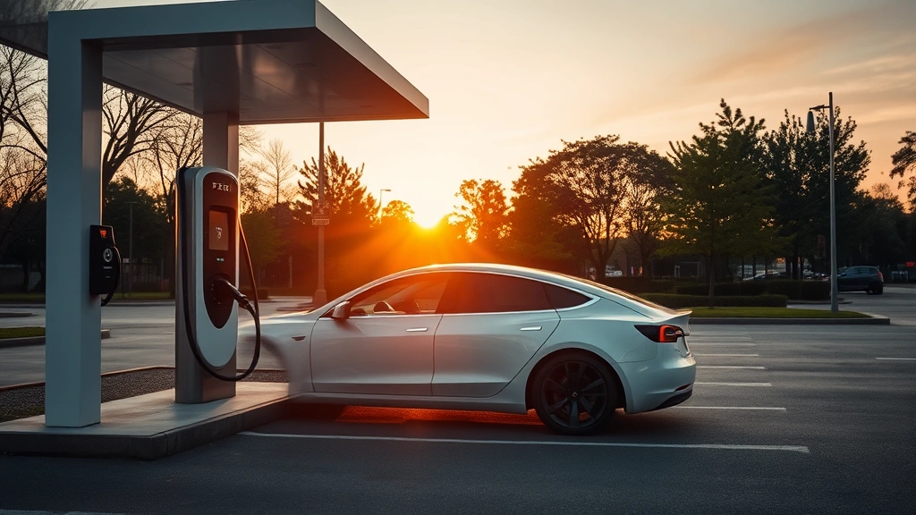 Tesla Model 3 electric sedan charging at modern public charging station during golden hour sunset, minimalist design emphasized, futuristic charging infrastructure, serene urban park setting with trees