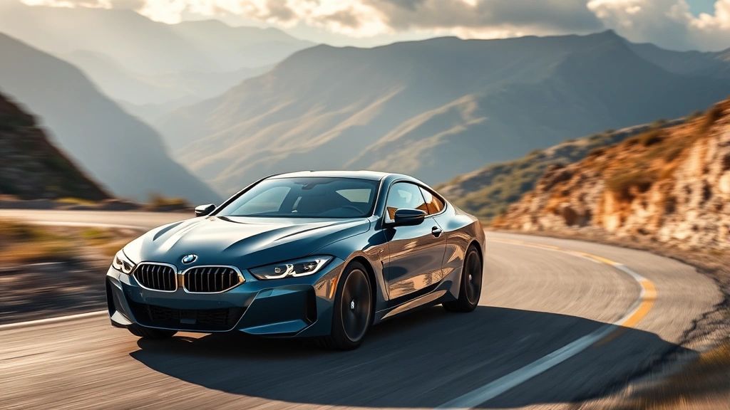 High-performance BMW i4 in metallic blue executing sharp cornering on mountain road, dramatic landscape backdrop, emphasizing luxury sedan handling dynamics and athletic stance