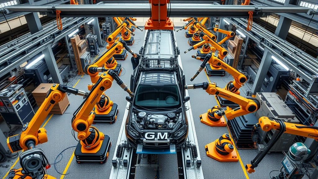 Aerial view of modern automotive manufacturing facility with robotic assembly line, assembly robots working on vehicle platform, industrial setting