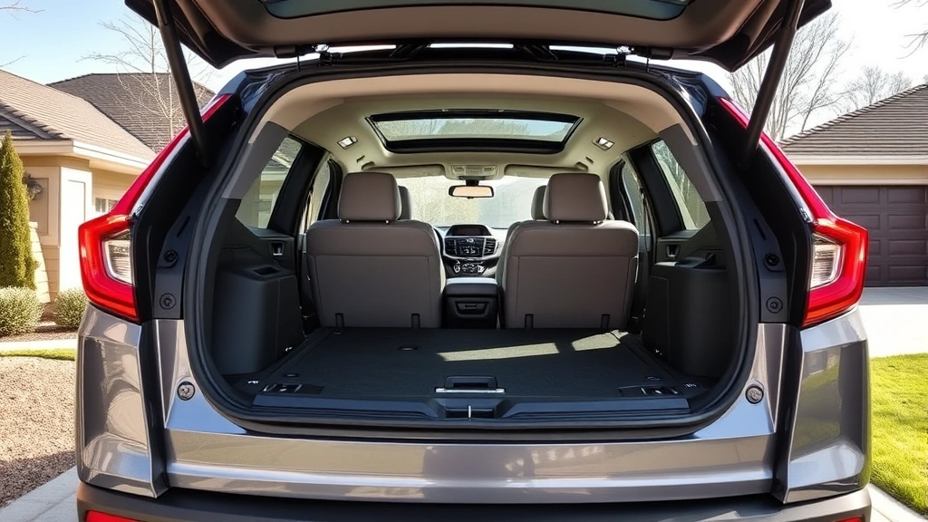 Honda CR-V three-row family SUV in modern gray, parked in suburban driveway with open cargo area visible, spacious interior demonstrated, natural daylight