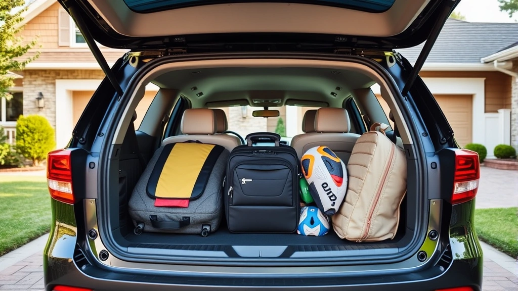 Three-row family SUV parked in suburban driveway, spacious cargo area open displaying luggage and sports equipment, modern design, natural daylight, residential setting