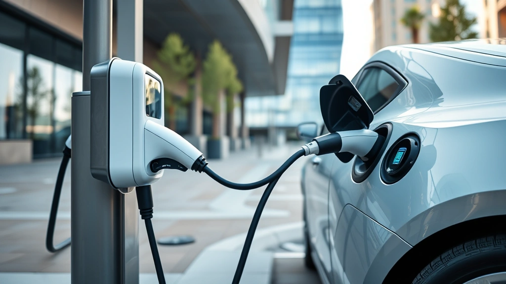 Hybrid vehicle charging at modern electric charging station, Level 2 charger connection, urban setting with contemporary architecture background, daytime lighting, focus on charging port and cable connection