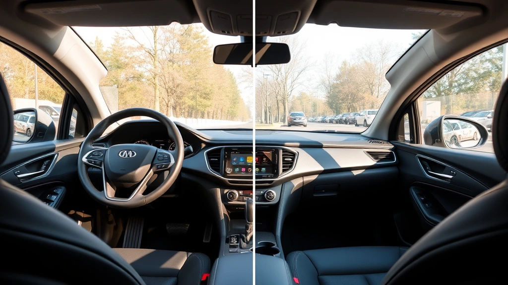 Interior cabin comparison showing crossover modern dashboard with touchscreen, premium materials, and spacious seating arrangement, natural daylight through windows