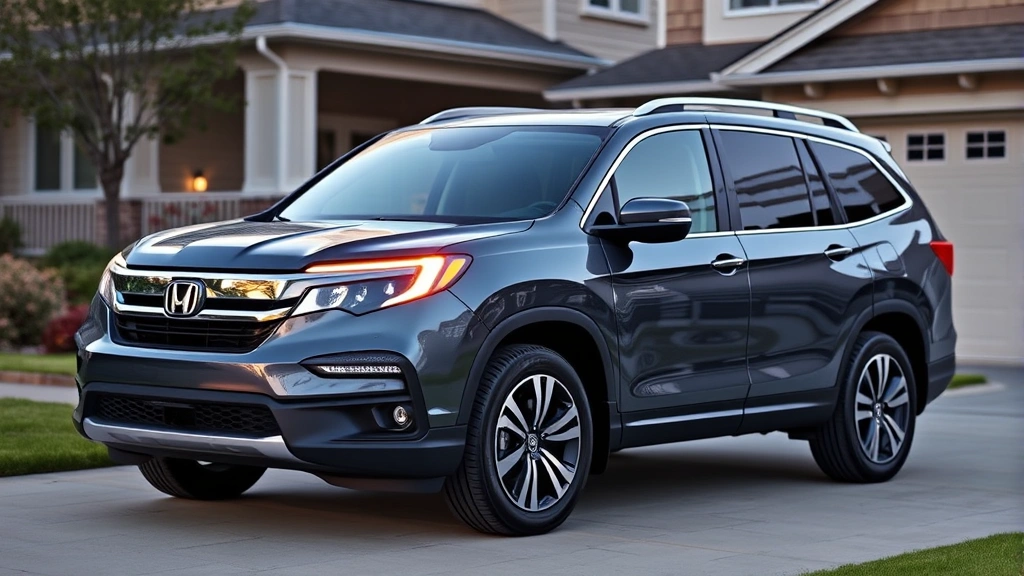 Modern Honda Pilot three-row SUV in family setting at suburban home driveway, displaying spacious side profile and contemporary luxury crossover styling