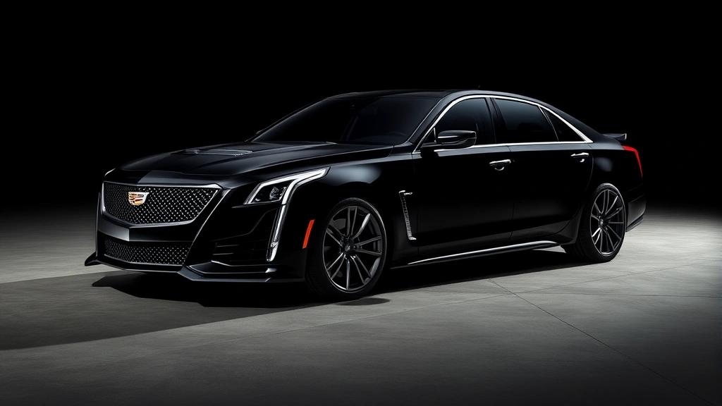 Luxurious black Cadillac CT5-V Blackwing sedan photographed from three-quarter angle in dramatic lighting, emphasizing muscular proportions and supercharged V8 performance character