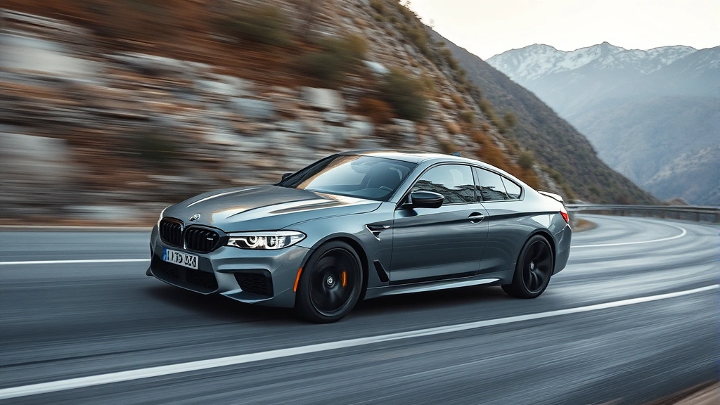 Performance sedan dynamic driving scene on winding mountain road with blurred scenery, showcasing athletic handling characteristics and modern alloy wheels in motion