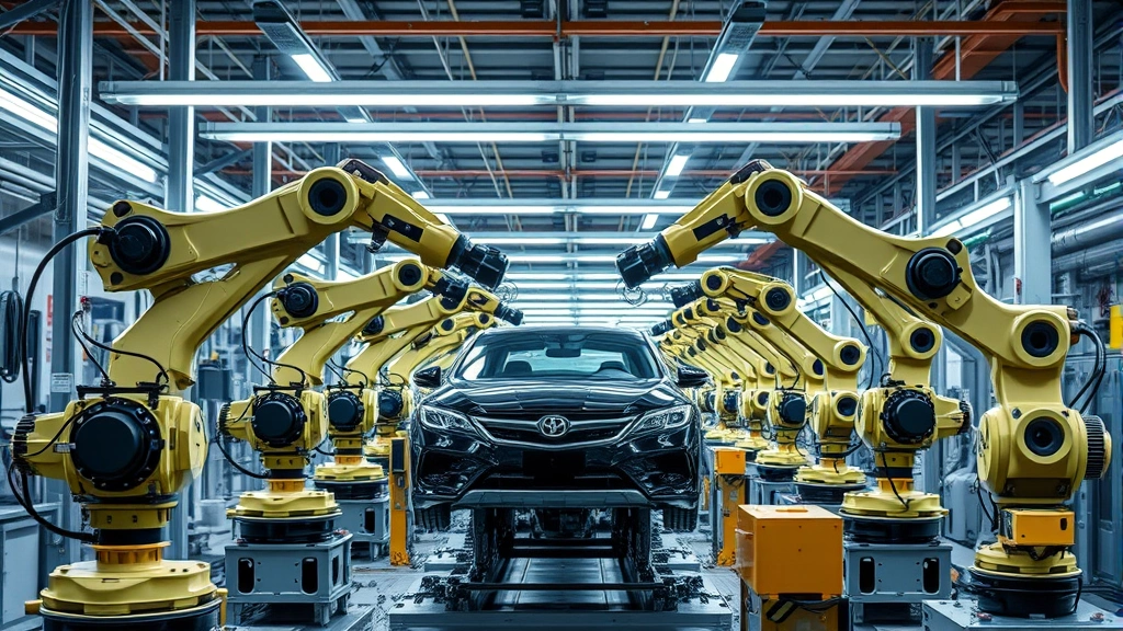 Manufacturing facility with robotic arms assembling vehicle components, industrial setting with bright LED lighting, sustainable production environment, photorealistic