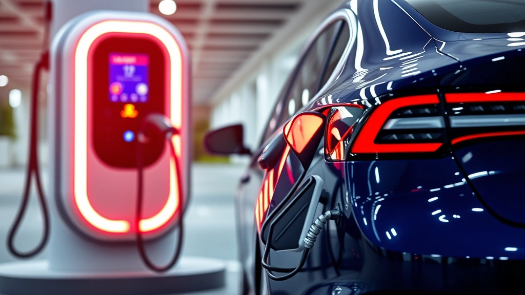 Electric sedan charging at fast charger station with LED indicators, charging cable connection, modern automotive technology infrastructure, professional automotive documentation