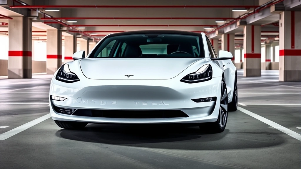 2024 Tesla Model 3 electric sedan in pearl white multi-coat, front three-quarter view in contemporary parking garage with clean modern architecture