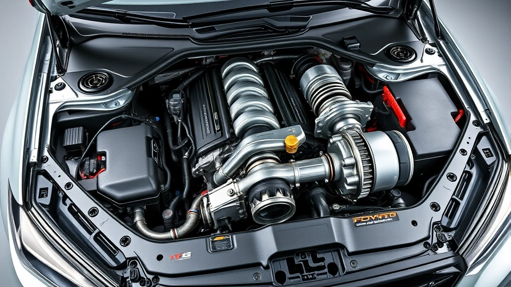 Performance sedan turbocharged engine bay detail showing aluminum components and turbo assembly, professional studio lighting, mechanical precision, no visible text or logos