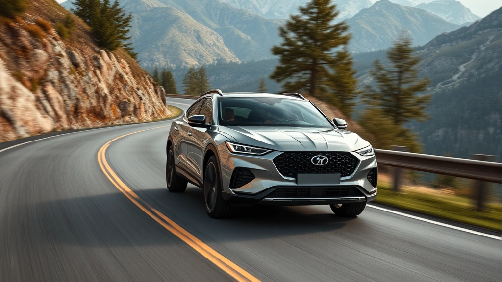 High-performance luxury crossover SUV driving on winding mountain road, dynamic action shot, motion blur background, professional automotive photography, daylight conditions, showcasing handling and agility